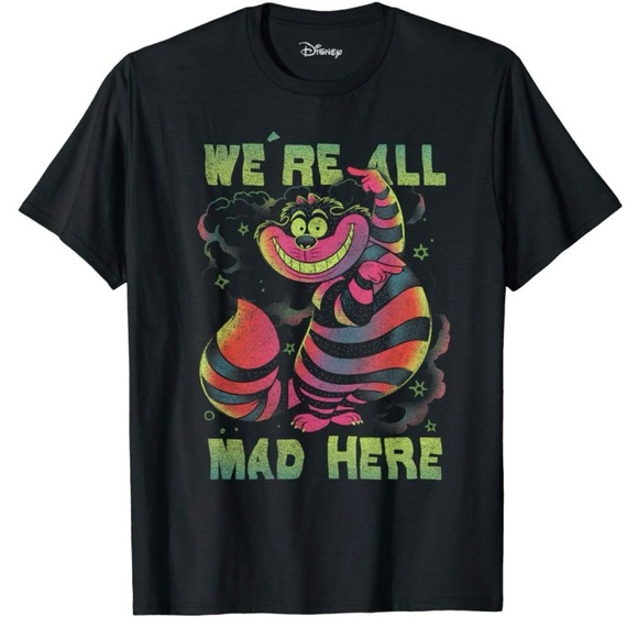 Disney Tops - Disney Black Tee with Neon Cheshire Cat and 'We're All Mad Here' Graphic
